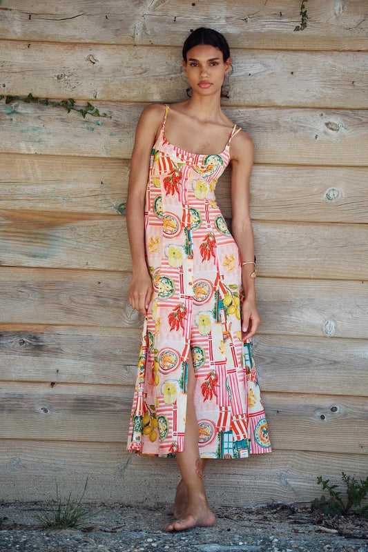 PATCHWORK PRINT LINEN MIDI DRESS